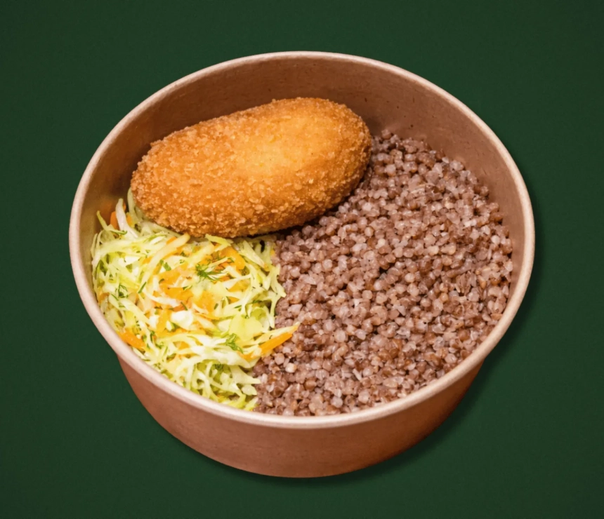 Kiev-style cutlet, buckwheat and young cabbage salad