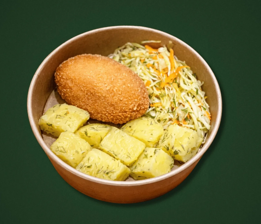 Kiev-style cutlet, potatoes with butter and dill, young cabbage salad