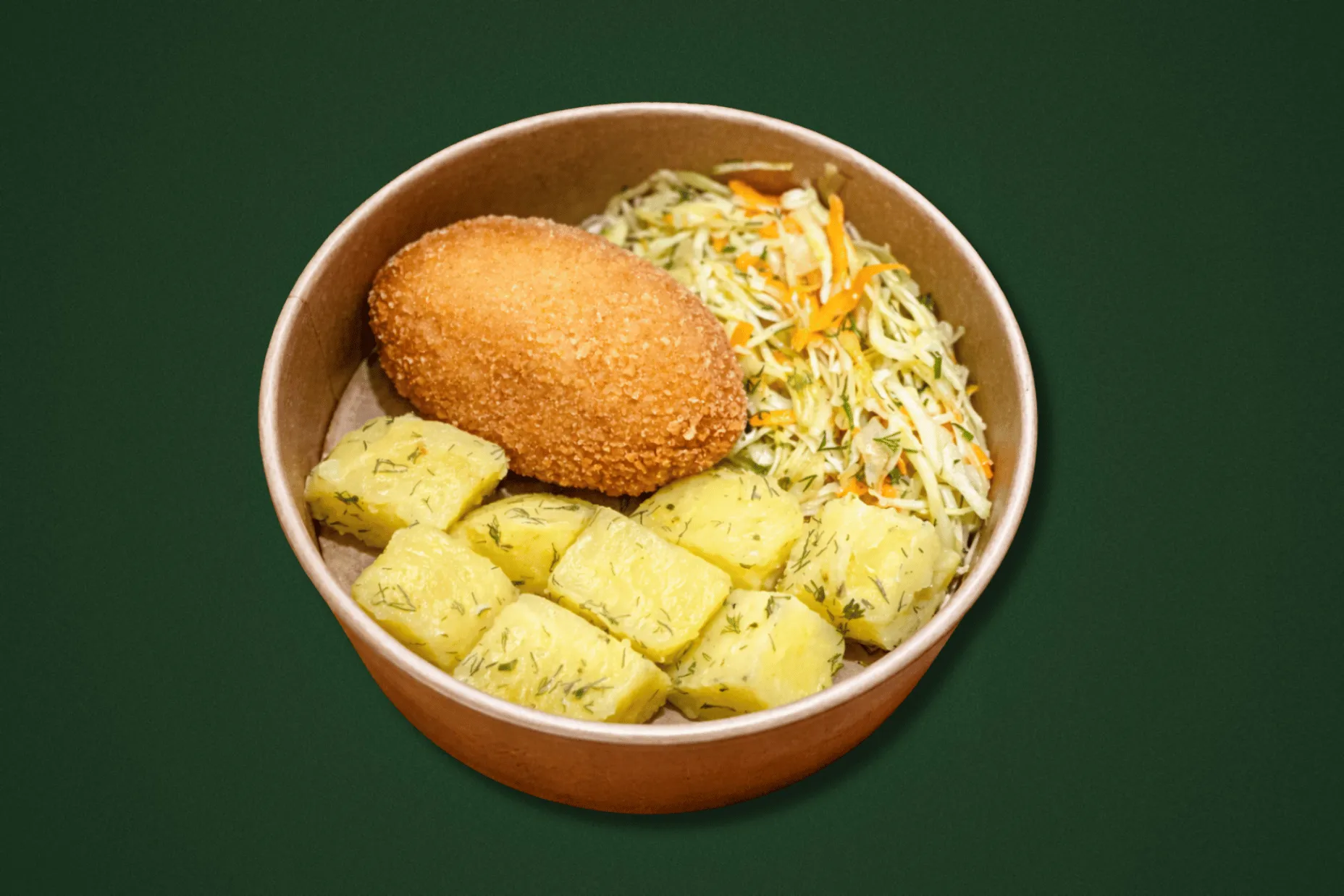 Котлета по-київськи, картопля з маслом та кропом, салат з молодої капусти