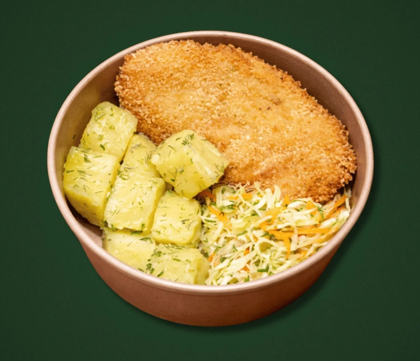 Chicken schnitzel, potatoes with butter and dill, young cabbage salad