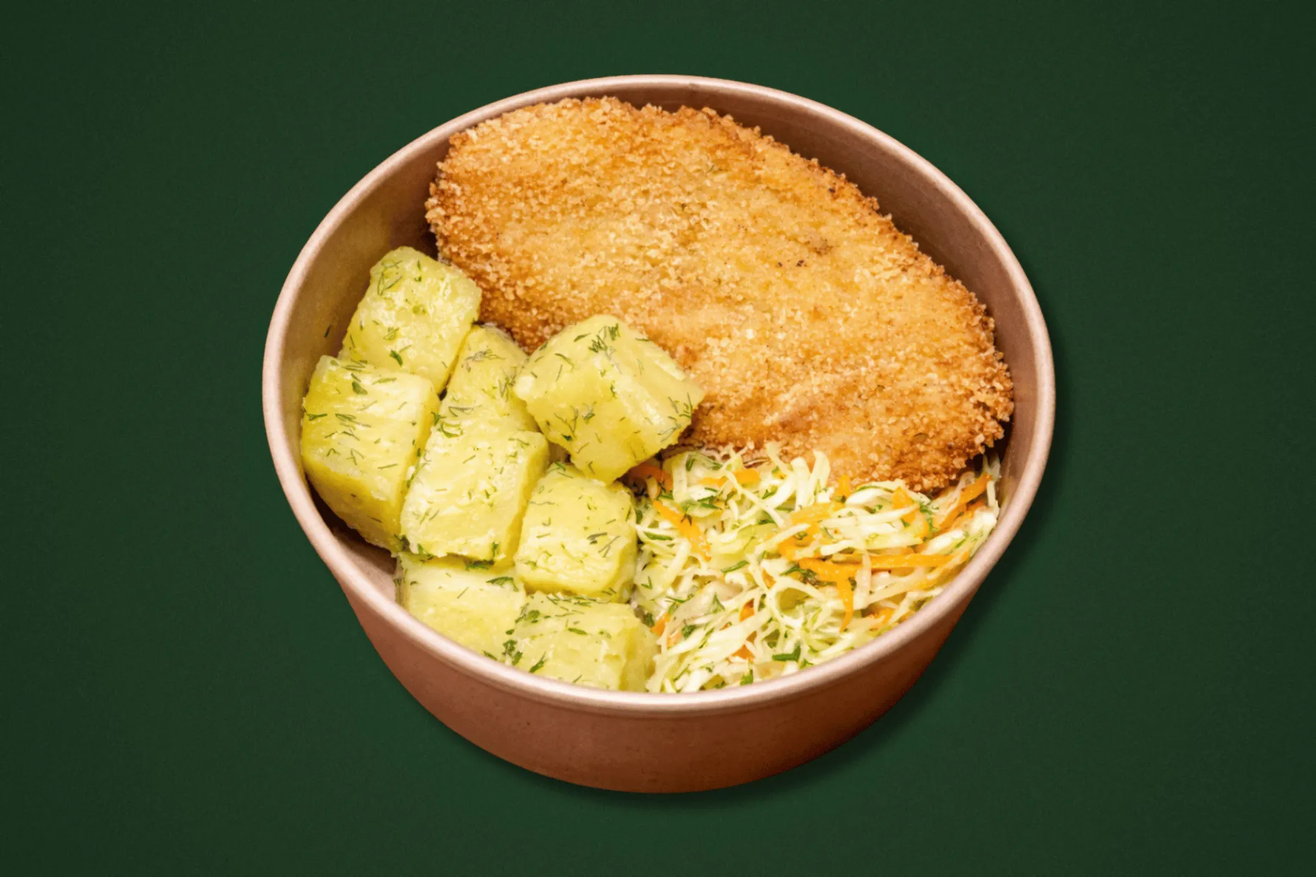 Курячий шніцель, картопля з маслом та кропом, салат з молодої капусти