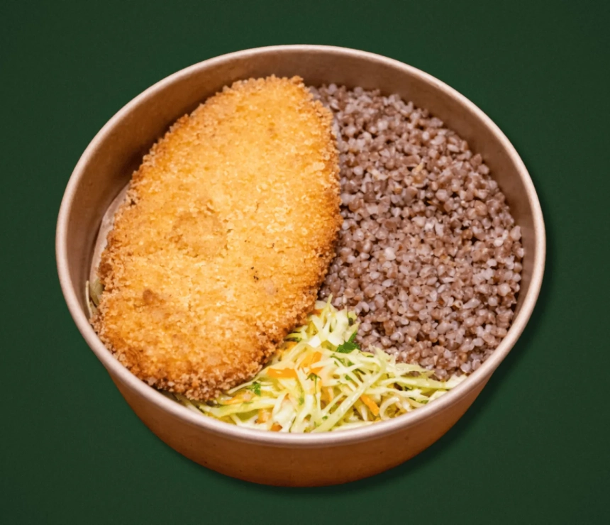 Chicken schnitzel, buckwheat and young cabbage salad
