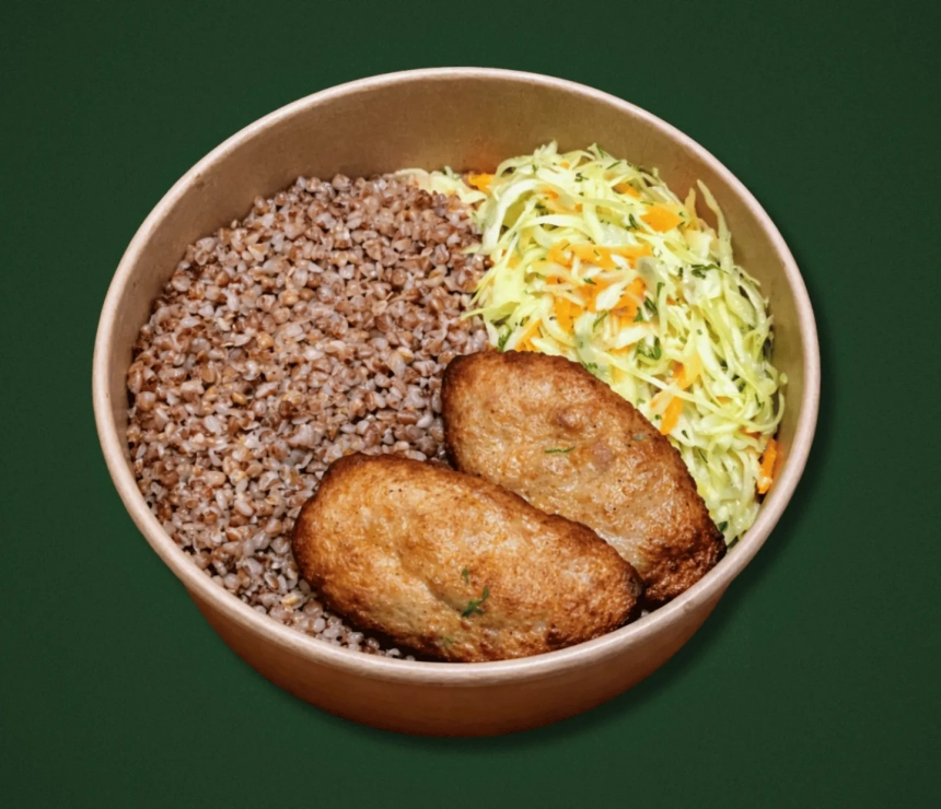 Homemade cutlets, buckwheat and young cabbage salad