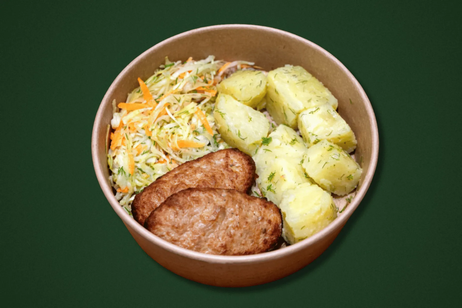 Котлети по-домашньому, картопля з маслом та кропом, салат з молодої капусти