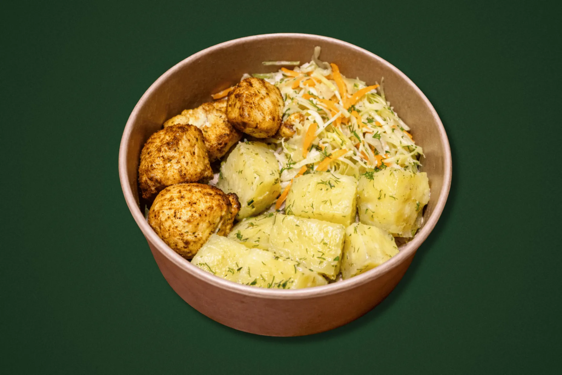 Шашлик курячий, картопля з маслом та кропом, салат з молодої капусти